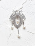 Dangling Pearl Brooch - Rhodium White Gold, White Pearl