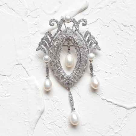 Dangling Pearl Brooch - Rhodium White Gold, White Pearl