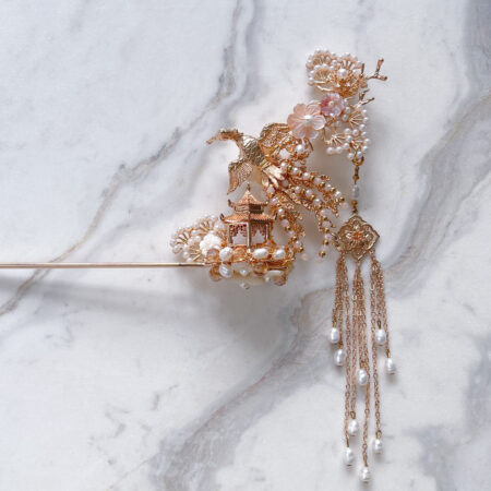 Flying Phoenix Pagoda Hairpin - Gold, Pink (Left)