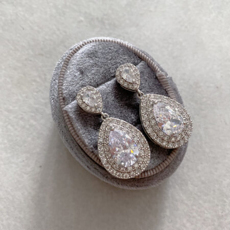 Drop Pear Double Halo Earrings - Rhodium White Gold