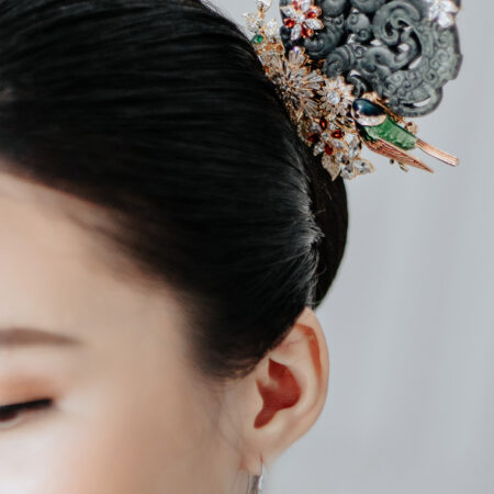 Antique Carved Jade Bird Gems Hairpin - Gold