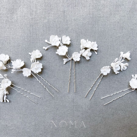 Clay Flower Blossom with Pistil Hairpin Set - White Silver (5 pcs)