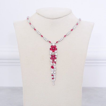 Red Petals Necklace - Rhodium White Gold, Pink Ruby