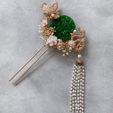 Crane and Dragon Jade Hairpin - Gold, Pink