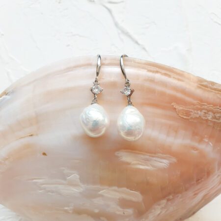 Dangling Baroque Pearl Earrings - Unplated Silver, White Pearl