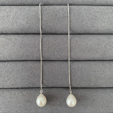 Single Long Chain Pearl Earrings - Unplated Silver, White Pearl