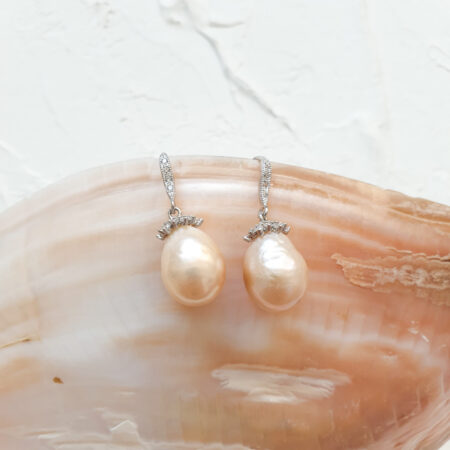Snowflakes Baroque Pearl Earrings - Rhodium White Gold, Pink Pearl