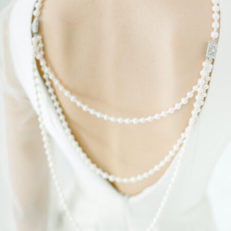 Double Strand Pearl Back Necklace - Rhodium White Gold, White Pearl