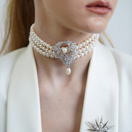 Triple Strand Pearl Choker - 18k Yellow Gold, White Pearl