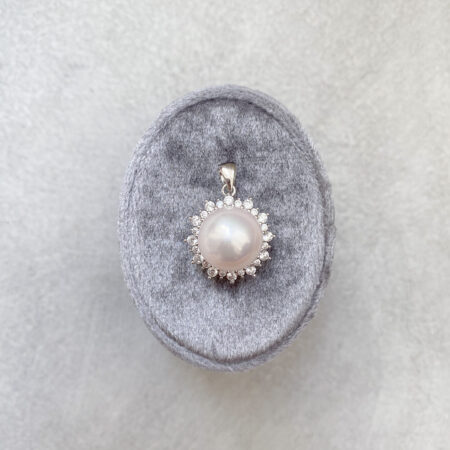 Round Pearl 12 mm Halo Pendant - Rhodium White Gold, White Pearl
