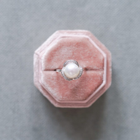 Flower Halo Pearl 9 mm Ring - Rhodium White Gold, White Pearl