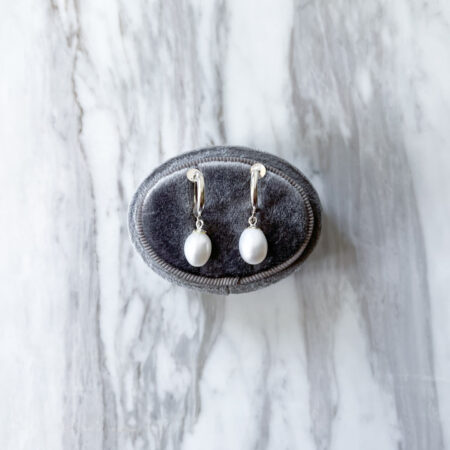 Oval Pearl Drop Earrings - Unplated Silver, White Pearl (Clip)