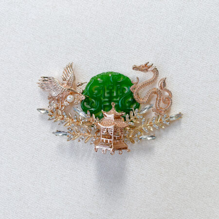Extravagant Crane Dragon Jade Brooch - Gold