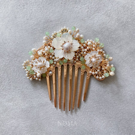Jade Flowers Haircomb - Gold