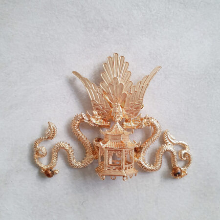 Phoenix Dragon Pagoda Brooch - Gold, Bronze