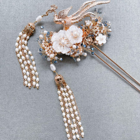 3D Phoenix Flower Hairpin - Gold, Blue