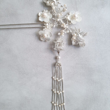 Crane Pagoda Flower Hairpin - Silver