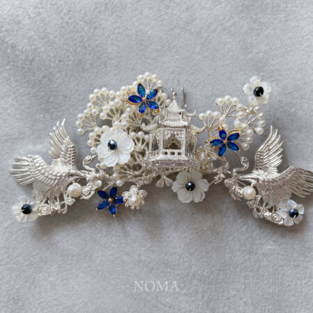 Crane Flowers Haircomb - Silver, Sapphire