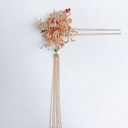 Branching Pagoda Garden Hairpin - Gold, Red (Right)
