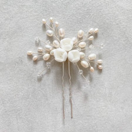 Clay Flower Triple Rose Hairpin Set - White Silver (2 pcs)