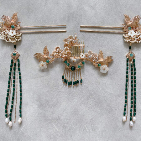 Crane Flowers Hairpin - Gold, Jade (Left)