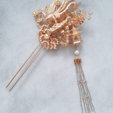 3D Phoenix Pagoda Hairpin - Gold, Yellow Diamond