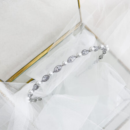 Marquise Halo Large Pearl Headband - Rhodium White Gold, White Pearl
