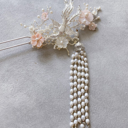 Phoenix Blossom Hairpin - Silver, Pink (Left)