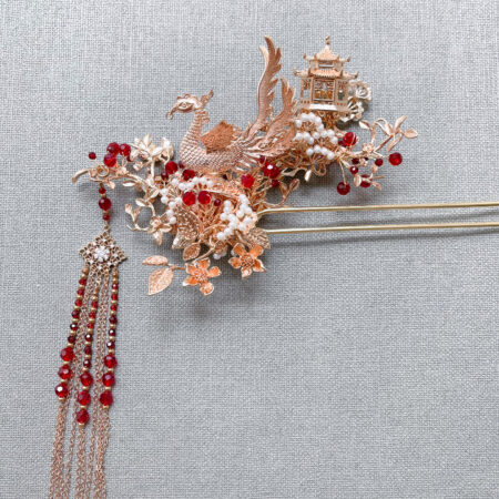 4D Phoenix Feather Spring Pagoda Hairpin - Gold, Ruby