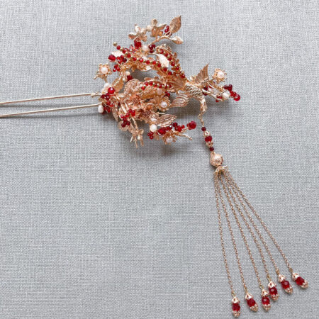 4D Flying Phoenix Blooms Hairpin - Gold, Red (Left)