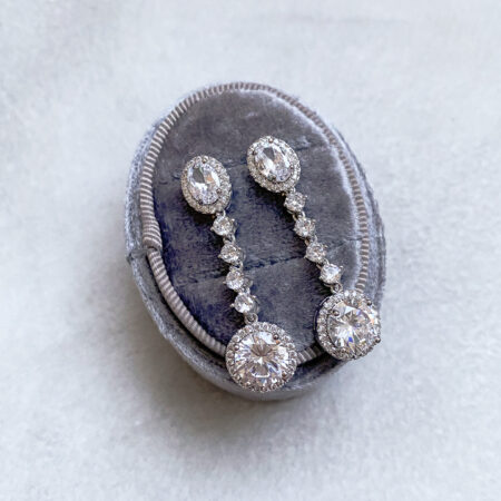Drop Oval-Round Halo Earrings - Rhodium White Gold (Clip)