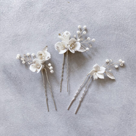 Clay Flower Simple Decor Hairpin Set - White Silver (3 pcs)