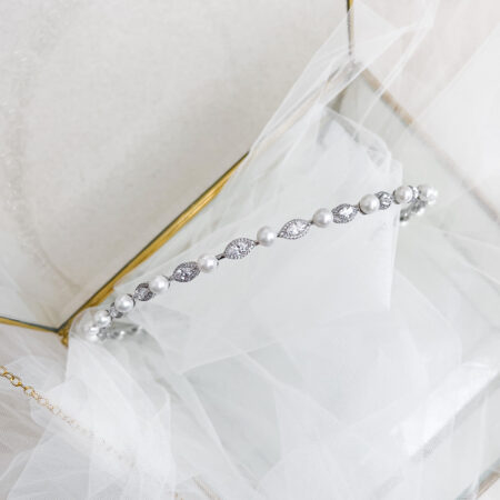 Marquise Halo Small Pearl Headband - Rhodium White Gold, White Pearl