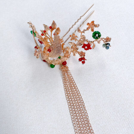 3D Phoenix Bowl Garden Hairpin - Gold, Red (Left)