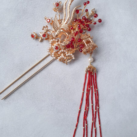3D Phoenix Pagoda Hairpin - Gold, Ruby