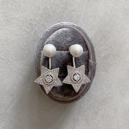 Shining Star Ear Jackets - Rhodium White Gold, White Pearl