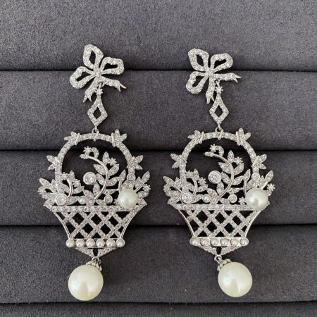 Picnic Basket Earrings - Rhodium White Gold, White Pearl