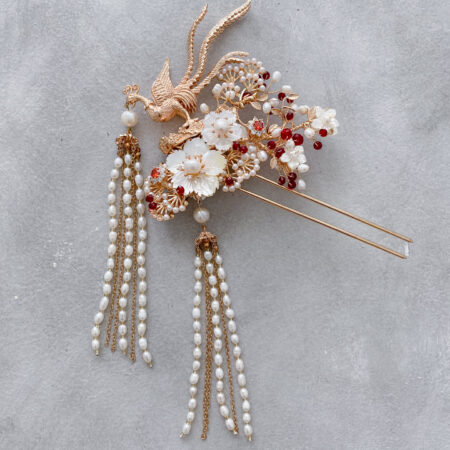 3D Phoenix Flower Hairpin - Gold, Ruby