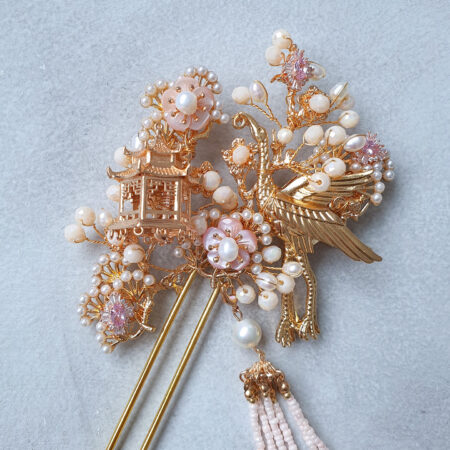 Flying Crane Garden Hairpin - Gold, Pink Diamond
