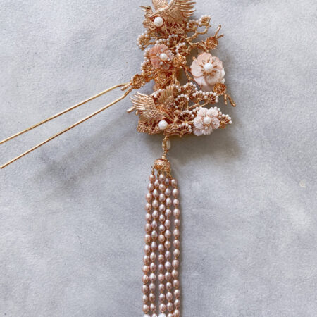 Double Crane Flowers Hairpin - Gold, Pink