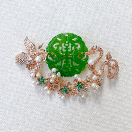 Crane Dragon Jade Brooch - Gold, Emerald