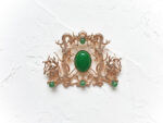 Twin Dragon Jade Brooch - Gold, Green