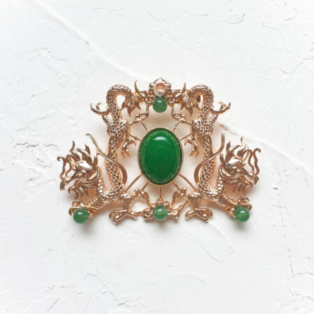 Twin Dragon Jade Brooch - Gold, Green
