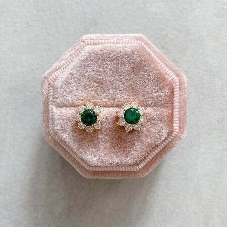 Round Paved Stud Earrings - 18k Yellow Gold, Emerald (Needle)