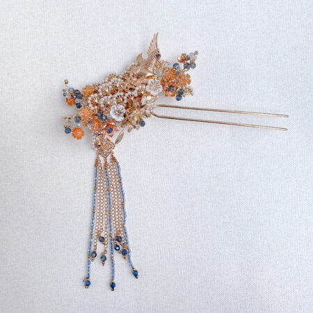 Flying Crane Pearl Blossom Hairpin - Gold, Blue (Right)