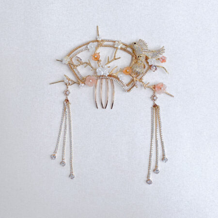 Fan-Shaped Ikebana Diamond Bird Haircomb - Gold, Coral
