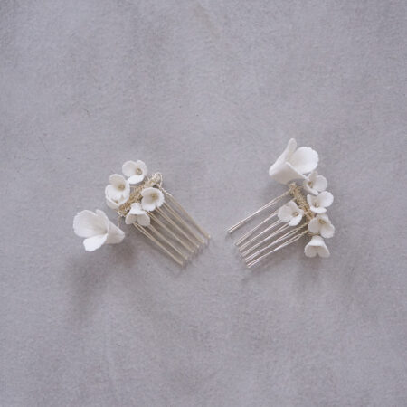 Clay Flower Simple Small Haircomb Set - White Silver (2 pcs)