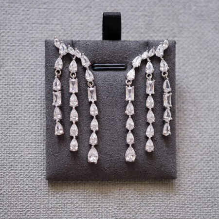 Triple Fringe Mix Stones Earrings - Rhodium White Gold, White Diamond