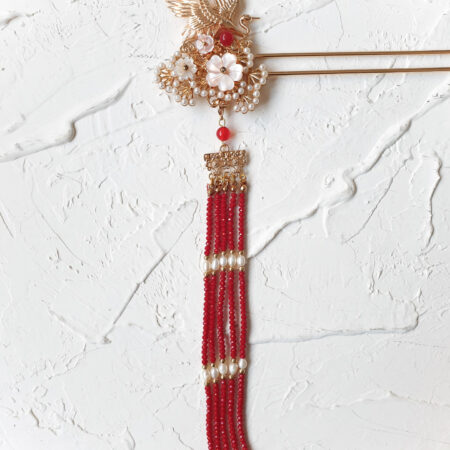 Crane Flowers Hairpin - Gold, Red (Right)