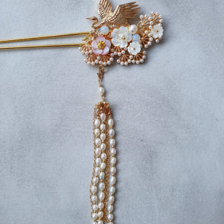 Crane Flowers Hairpin - Gold, Pink (Left)